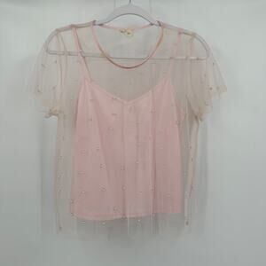 Tavia Womens‎ Beaded Mesh Top Size L Sheer Balletcore Fairy Ethereal Overlay